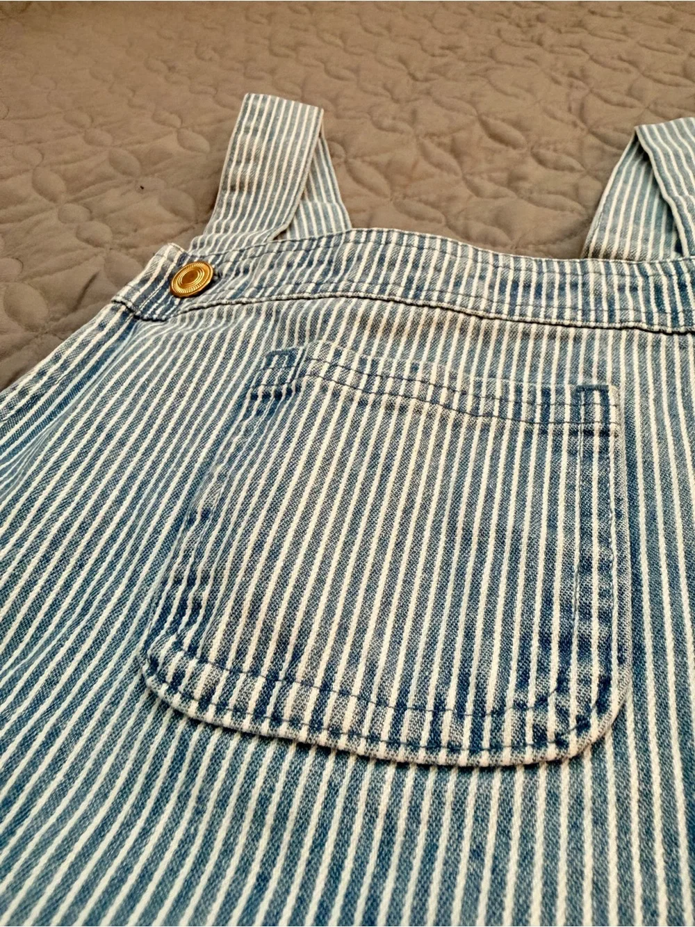 Max Studio Blue-Striped Denim Overall Dress with Front Pocket | Girl’s Size 8